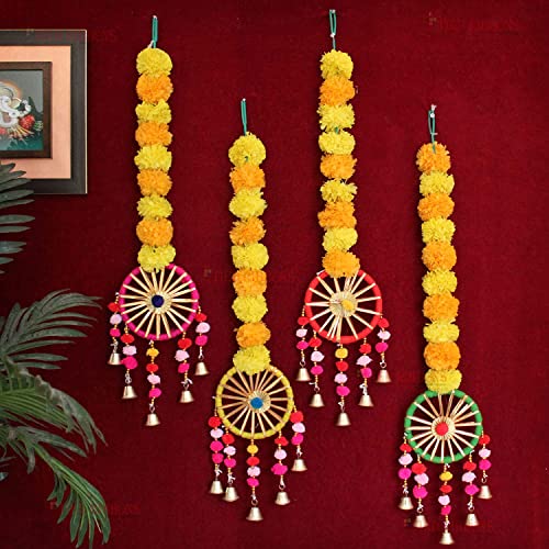 TIED RIBBONS Set of 4 Artificial Marigold Flowers Rajasthani Style Wall Door Hanging Latkan Toran with Bells for Home Living Room Decoration (76.2 cm x 12.7 cm, Multi) Cover