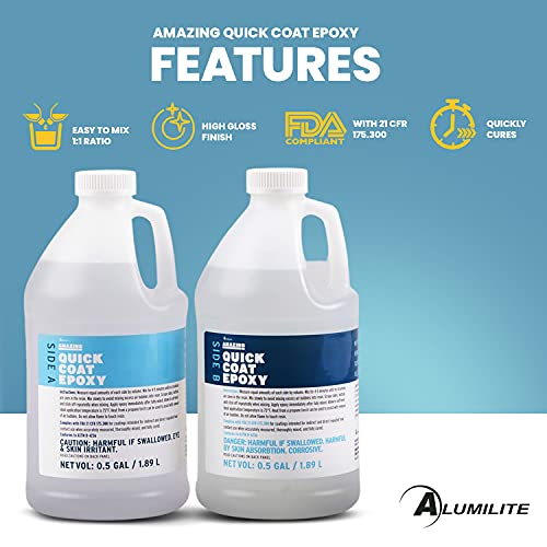 Alumilite Amazing Quick Coat Epoxy [0.5 gal A + 0.5 gal B(1 Gallon) 2 Part Kit] High Gloss Coating, Crystal Clear Casting & Fast Dry Formula for Tumblers, DIY Woodworking, Sealing, Resin Arts & Crafts - Thumbnail 3