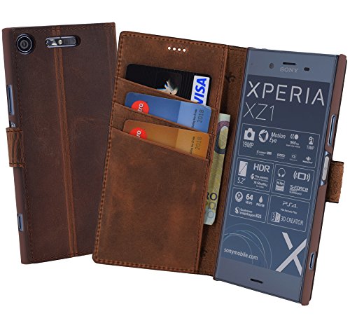 Suncase Book-Style (Slim-Fit) kompatibel mit Sony Xperia XZ1 Ledertasche Leder Tasche Handytasche Schutzhülle Case Hülle (mit Standfunktion und Kartenfach) antik Coffee