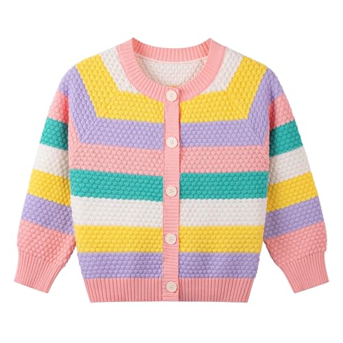 Image of Danny D Girls Ombre Cardigan Kids Rainbow Sweater Striped Button Up Long Sleeves Knitwear Open Front Crew Neck Tops