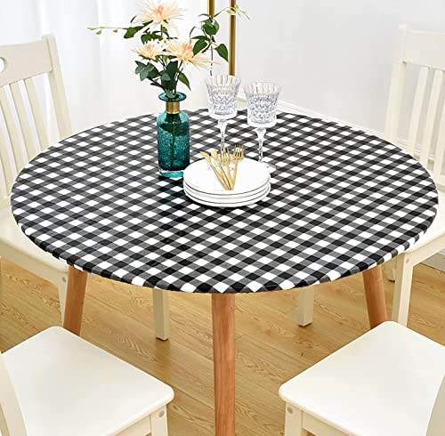 Wagude Lndoor Outdoor Patio Round Fitted Vinyl Tablecloth, Flannel Backing, Elastic Edge, Waterproof Wipeable Decorative Tablecloth, For Dinning Room Kitchen Round Tables (Black/White 40"-44") #TOP6