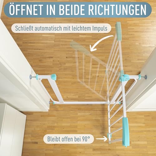 IB STYLE Türschutzgitter Berrin 150-160 cm, Treppengitter für Babys, Treppenschutzgitter ohne Bohren, Türgitter zum Klemmen, Kindergitter, Weiß Türkis