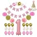 Litaus Pink and Gold 1st Birthday Girl Outfit for Baby's First Birthday Decorations, 1st Baby Girl Number 1 Balloon, Happy Birthday Banner, Pom Poms, Birthday Hat for Girl 1st Birthday