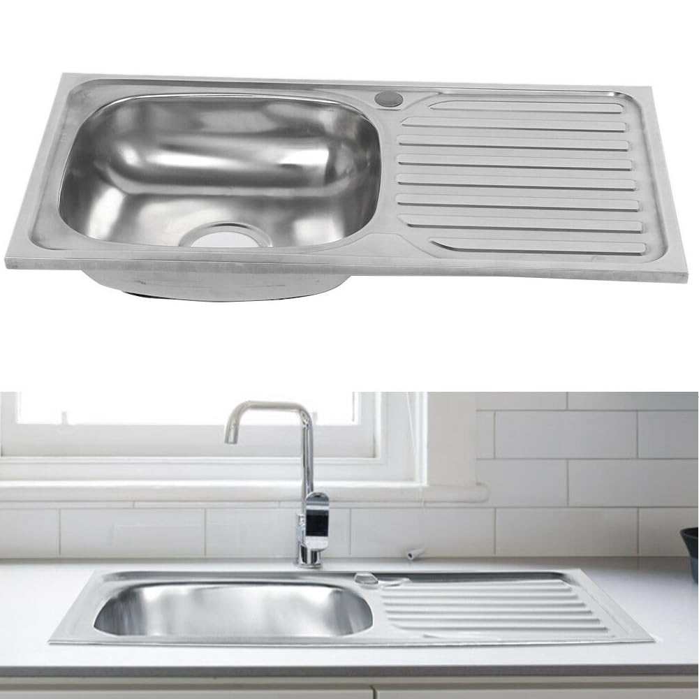 ARA CHOICE Stainless Steel Square Single Bowl Kitchen Sink Reversible Waste Plumbing Kit with Drainer & Inset Wastes Set 76 x 41 x 18 cm