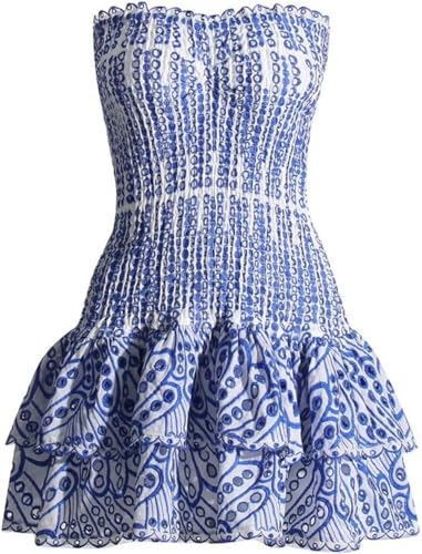 Tube Top Preppy Dress Women Y2k Blue Floral Strapless Mini Dress Vintage Short Going Out Dresses