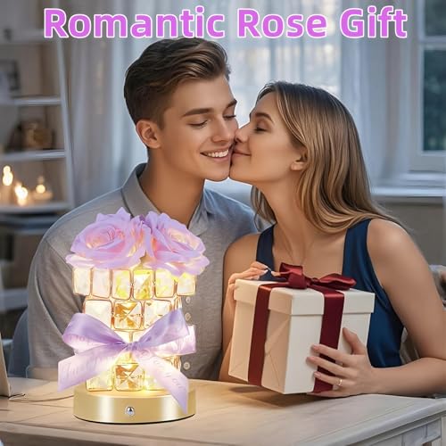 Image of Women Gifts Purple Rose Flower Lamp Cordless LED Touch Flower Night Light | 3-Colour Stepless Dimming,Rechargeable Small Flower Bedside Table Lamp,Birthday Gift for Women,Home Living Room Bedroom Decor