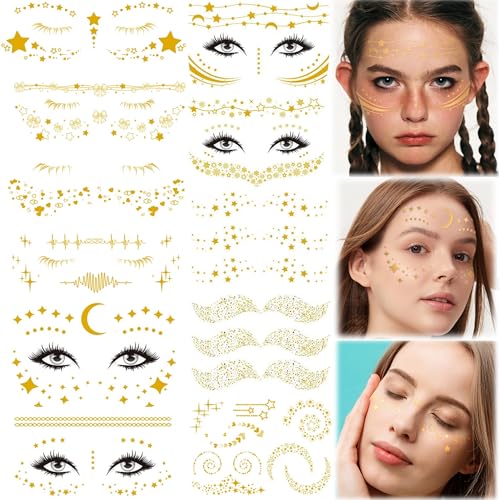 11 Hojas Tatuajes Temporales Faciales Dorado Pegatinas De Pecas Para La Cara Brillantes Cara Tatuajes Temporales Para Adultos Para Halloween Carnaval Fiesta De Máscaras Mujer Niños