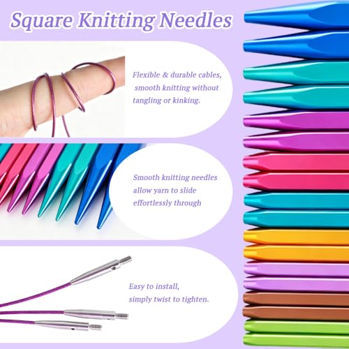 Image of Yarniss 9 Pairs Square Circular Knitting Needles Set US 2.5~11, Interchangeable Knitting Needles Set,4.5 inch Aluminum Cubic Tips with 4 Flexible Cables&Storage Case