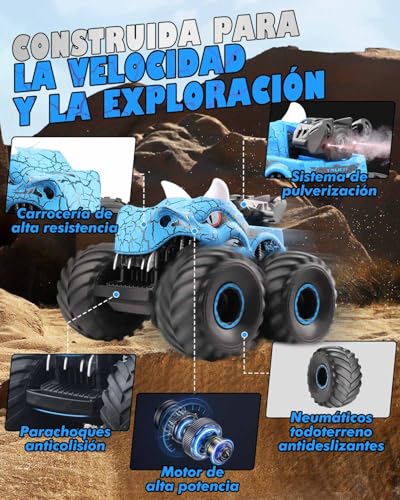 Miniatura 6 de Onalix Coche Teledirigido Dinosaurio, Rc Monster Truck Con Luz Led, Spray Y Sonido, Coche Radiocontrol 2.4ghz Para Niños 3-12 Años, Juguete Regalo Niños Navidad Cumpleaños