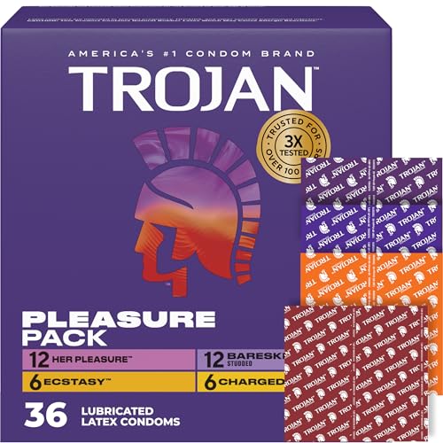 Trojan Pleasure Pack, Assorted Latex Lubricated Condoms for Men, Her
