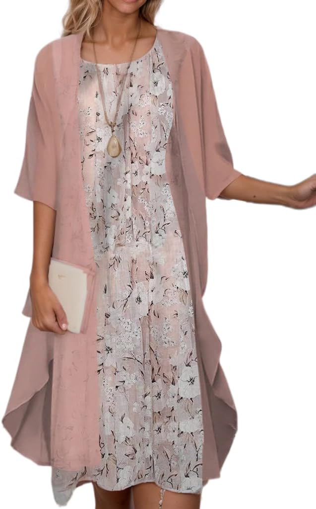 Women's Summer Two-Piece Set Wedding Guest Formal Cocktail Dress with Jacket Elegant Casual Boho Floral Midi Dress