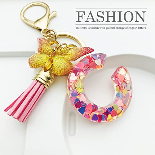 Jinguazi Initial Letter Keychains For Women Tassel Butterfly Pink Cute Car Keychain For Wallet Purses Backpack (Pink C) #TOP1