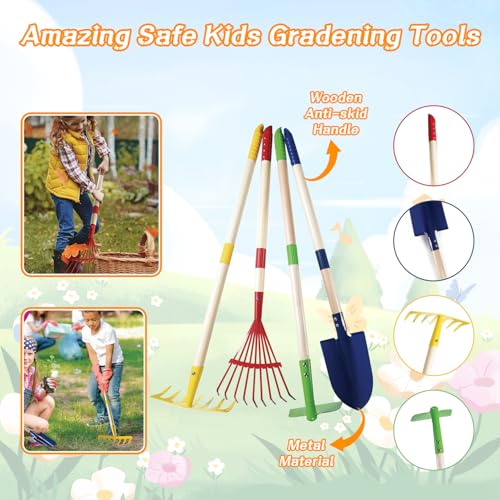 Mostop Kids Gardening Tools Set, Gardening Set for Kids, Outdoor Backyard Farm Digging Toys with Wheelbarrow, Metal Shovel, Rake, Leaf Rake, Outside Garden Wagon Toys Birthday Gifts for Boys Girls 4-8 - Thumbnail 6