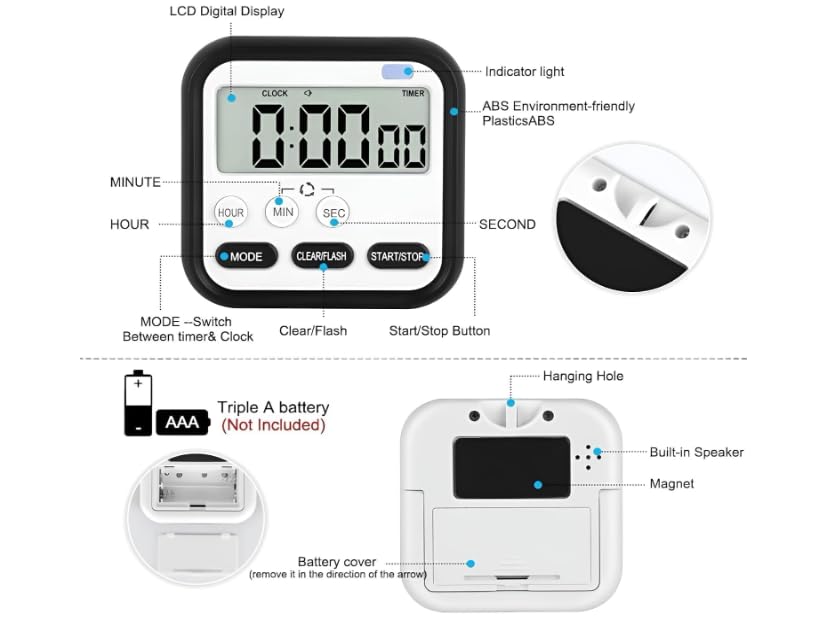 Image of Stopwatch Timer for Study Kitchen Timer Large LCD Screen 24hr Digital Display Magnetic Retractable Stand Loud Alarm Countdown Flashing Light for Students Cooking Black