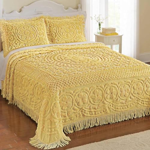Image of Collections Etc Calista Chenille Lightweight Bedspread with Fringe Border, Yellow, Queen