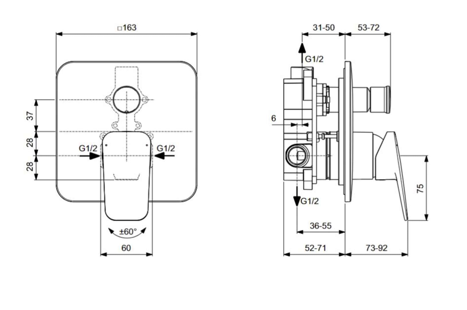 Ideal Standard - Ceraplan, Miscelatore monocomando ad incasso completo per doccia, Due vie, Nero seta