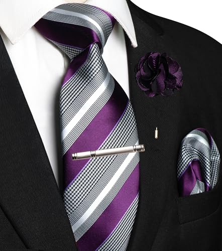 Image of JEMYGINS Mens Striped Tie and Lapel Pin Necktie Pocket Square and Tie Clip Sets for Business Casual 4PCS
