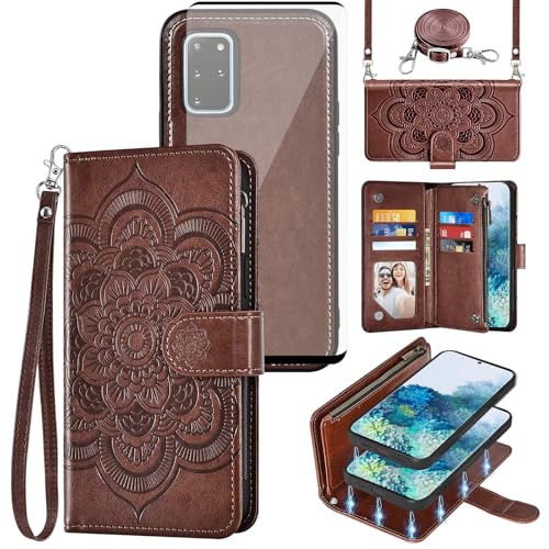 Étui portefeuille Samsung S20 Plus Asuwish avec fermeture éclair et bandoulière fleurie