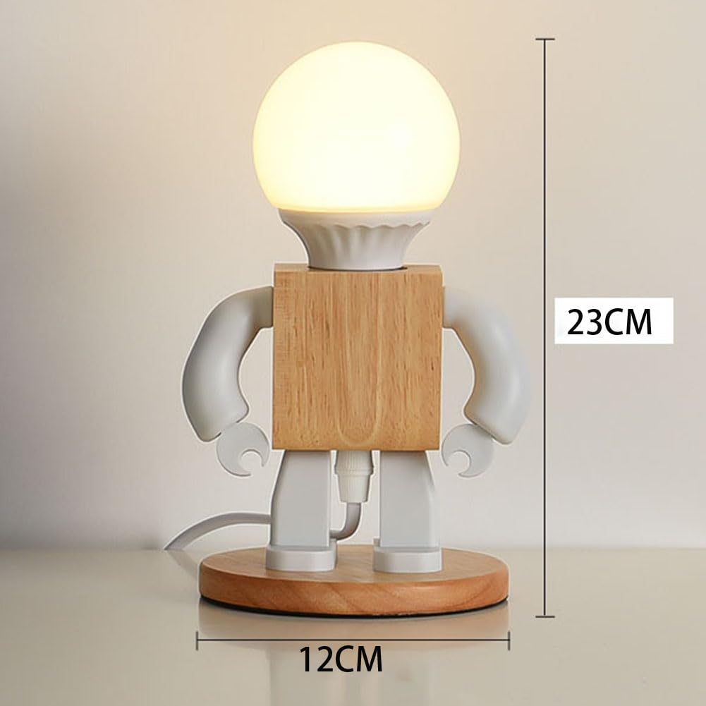 Roboter Nachttischlampe Holz Kreative Roboter Schreibtischleuchten Moderne LED Schreibtischlampe Dekorative Nachttischleuchten mit Kabel und Schalter Tischlampe für Kinder Schlafzimmer Büro