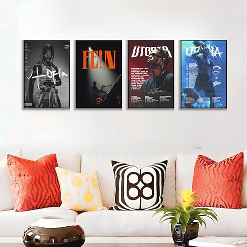 Image of Song Artist Aesthetic Music Posters Pack of 8 | A4 Size Wall Art for Bedroom, Living Room & Studio | Includes Adhesive Tape | Music Artist Poster Set (Travis Scott)