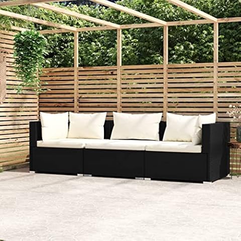 QZZCED Modern 3-Seater Rattan Sofa with Removable Cushions, Black and Cream Modular Outdoor Furniture, Durable PE Wicker and Steel Frame for Patio, Garden, or Indoor Cover