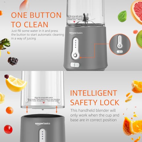 Image of Amazon Basics Portable Hand Blender for Smoothies and Juices | Pulse Mode | USB Rechargeable | 6 Stainless Steel Blades | 500 ml Jar | 1 year Warranty | 2x2000 mAh Batteries (Grey)