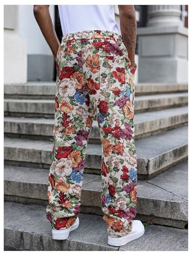 GORGLITTER Men's Floral Embroidery Pants Boho Drawstring Waist Straight Leg Trousers with Pockets3