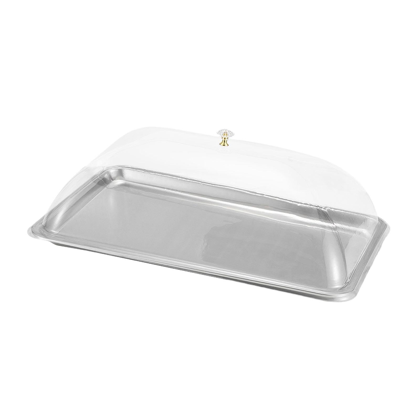 Ronyme Stainless Steel Serving Tray with Clear Lid, Dustproof Cake Stand, Rectangular Cake Tray, Serving Dish Covered Food Tray, Rectangle Pastry Display Case for Festival Kitchen Party, 50x35x2cm