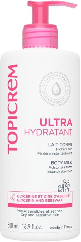 Topicrem - Ultra Hydratant Lait Corps - Hydrate 48h, Relipide, Protège la Peau - Texture Onctueuse, Odeur Délicate - Crème Hydratante pour Peaux Sensibles - Fabrication Française - 500 ml