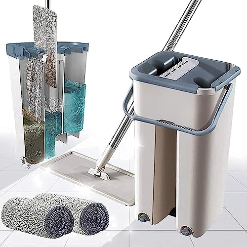 Image of Microfiber Flat Mop with Squeeze Bucket | Hands Free Floor Cleaning Mop with Self-Wringing System | Stainless Steel Handle, 2 Reusable Microfiber Pads | Wet & Dry Mop for Home | White Grey