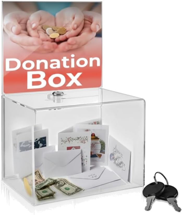 Donation Acrylic Charity Ballot box Fundraising Coin collection Box Tip Jar 8.5" x 6.5" x 5" office Suggestion Piggy Bank ticket box with large 8.5" x 6.5" Display area with lock and keys