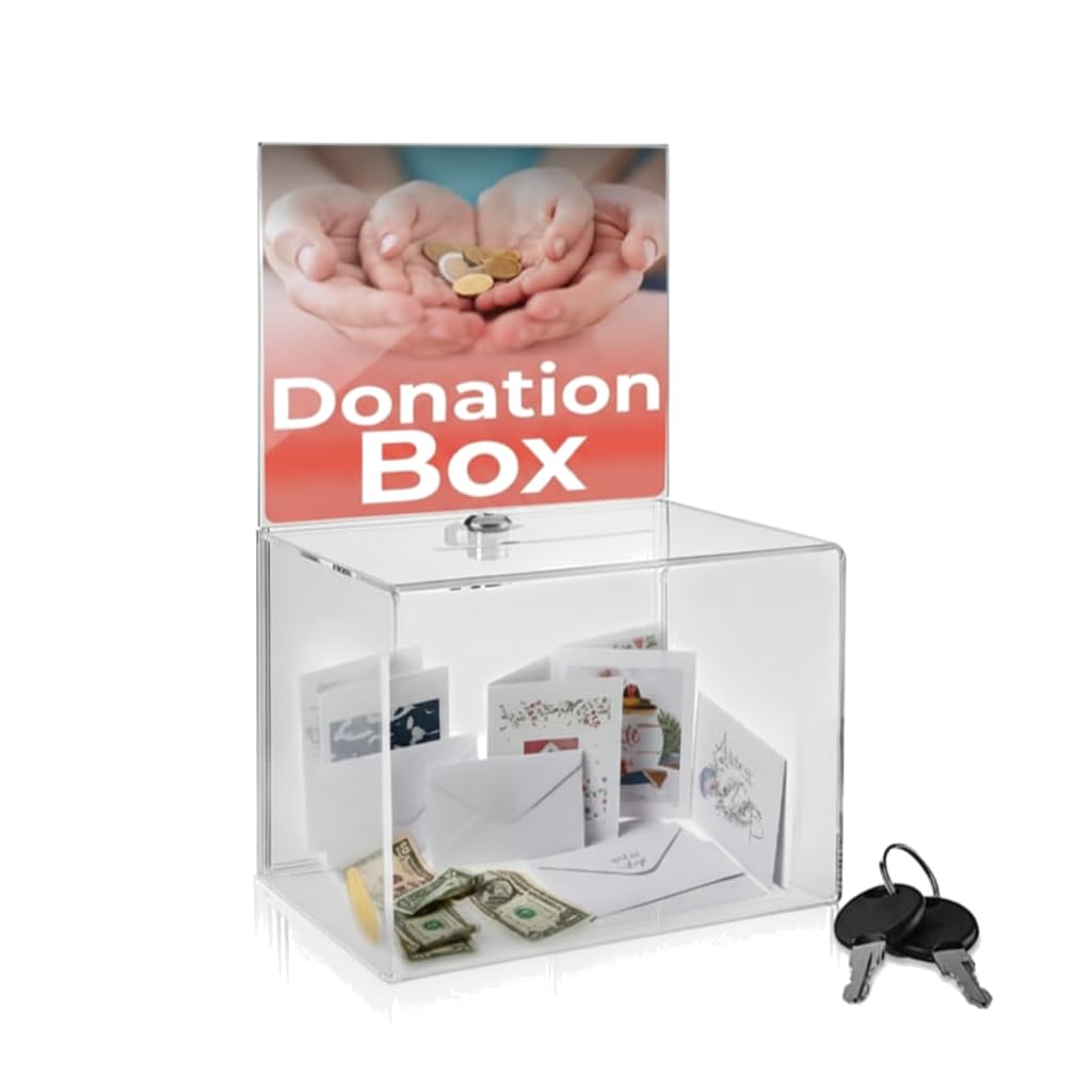 Donation Acrylic Charity Ballot box Fundraising Coin collection Box Tip Jar 8.5" x 6.5" x 5" office Suggestion Piggy Bank ticket box with large 8.5" x 6.5" Display area with lock and keys