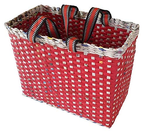 Image of Paperus, Large, Lunch Bag, Picnic Basket, Carry Bag, Handbag, Tiffin Basket for Office; Rectangular, Eco-Friendly, Handmade, of Paper Ropes, in Inch 11 H, 14 L, 7 Wide Base Red