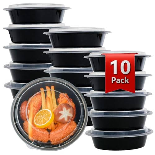 tropipak Meal Prep Containers Reusable 10 Pack-23 oz Food Storage Containers with Lids To Go Food Containers Takeout, Microwave Dishwasher Freezer Safe, Stackable, BPA Free, Plastic (Black)