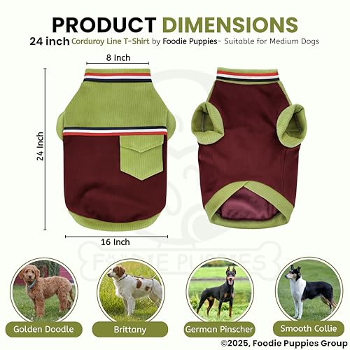 Image of Foodie Puppies Corduroy Line Velvet Pocket T-Shirt Warm Sweater Jacket - (24 inch, Olive & Maroon) for Medium to Large Dogs | Soft, Lightweight Pet Apparel | Stylish, Comfortable, Durable, Stretchable