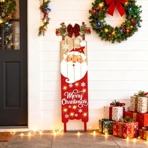 Lighted Wooden Welcome Sign for Front Porch,Merry Christmas Snowflake Porch Sign for Front Door Decorations,Rustic Farmhouse Red Xmas Hanging Signs Wall Sign for Christmas Happy New Year Decor Santa Claus Pattern