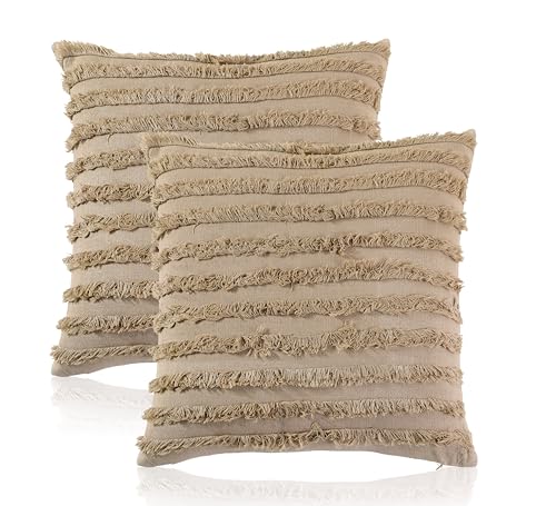 Image of mosey Boho Cushion Covers 16 inch x 16 inch Set of 2 | Pure Cotton 16x16 inch Cushion Cover 1616 | Soft Square Throw Pillow Cover 40 x 40cm for Sofa | Taupe
