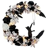 Halloween Wreaths For Front Door, Flower Moon Cat Halloween Home Decoration, Halloween Family Gathering Decoration Wreath，Outdoor, Wall, Closet, Fence, Wreath Halloween (Moon Cat - White13.7in×9.8in)