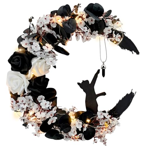 Halloween Wreaths For Front Door, Flower Moon Cat Halloween Home...