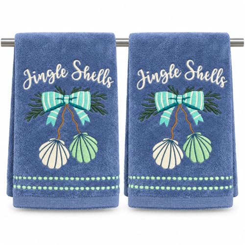 Christmas Blue Hand Bathroom Towels Elegant Coastal Jingle Shells, 16x26"