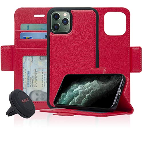 Navor Universal car Mount & Detachable Magnetic Wallet Case with RFID Protection Compatible for iPhone 11 Pro [5.8 inch] [Vajio Series] - Red [IP11PROVJKTRD]