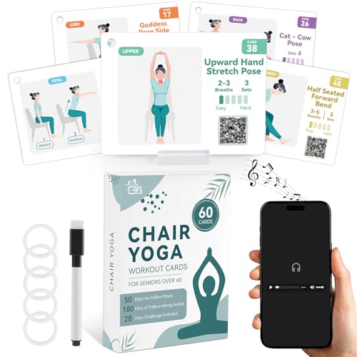 GiftAmaz Large Chair Yoga Cards for Seniors Over 60, 180 Min Audio Guide, 60 Oversized Chair Exercise Chart for Strength, Weight Loss & Relaxation, Yoga Set for Beginners, Elderly, Mom Dad Grandparent