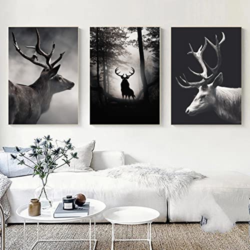 Black And White Animal Wall Art Prints Deer Canvas Pictures Black White Elk Canvas Wall Art For Living Room Forest Animal Wall Decor Deer Canvas Paintings For Bedroom Decor 16X24Inchx3Pcs No Frame #TOP5