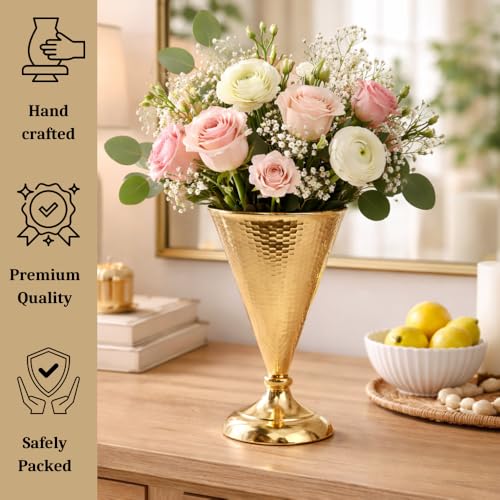 Image of French Gold Hammered Metal Cone Flower Vase, 26cm, Pedestal Base, for Event Decor, Home & Office Centerpiece Gift - Flowers are not Included
