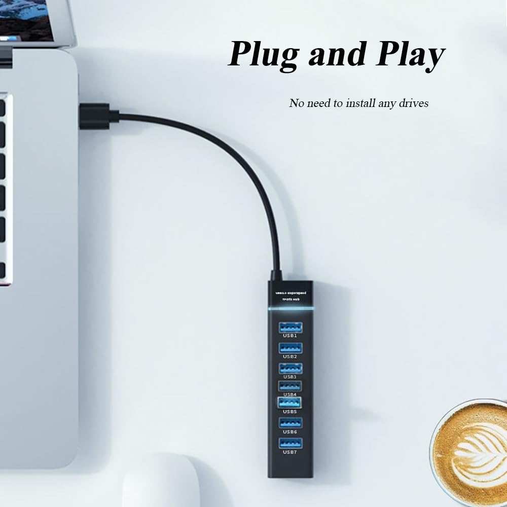 Hub USB a 7 porte, hub USB multiplo con indicatore luminoso, adattatore USB ad alta velocità di trasmissione dati, compatibile con mouse, tastiera, stampante, Windows, MacOS, Linux