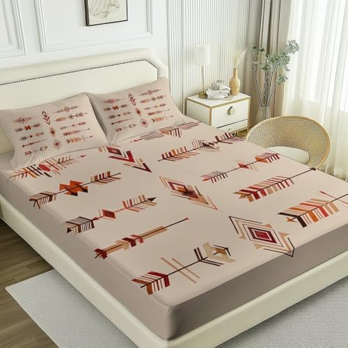 Bed Sheet Soft Microfiber 4 Pieces King Size America Tribe Arrow Rhombus Pattern Bedding Sheet Set with 1 Fitted Sheet and 2 Pillowcases,16 Inches Deep, Brown - Thumbnail 4