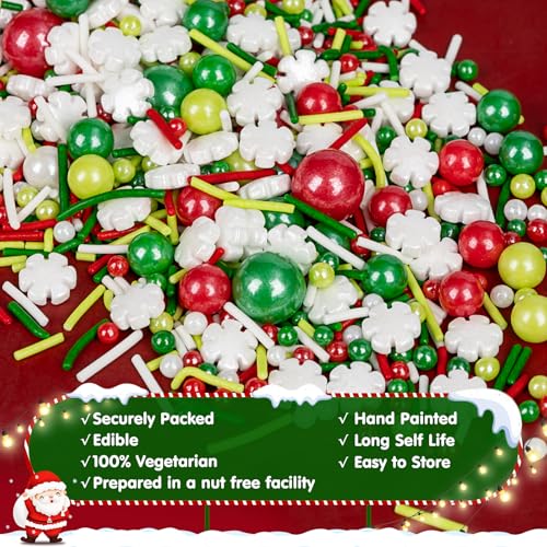 Image of Edible Christmas Sprinkles for Cake Decorating,130g,White Snowflakes Red Green Pearls and Jimmies Mix,Edible Winter Sugar Pearl Holiday Sprinkle for Cupcake Toppers,Cookie,Ice Cream Dessert Decorations Birthday Christmas Party Supplies