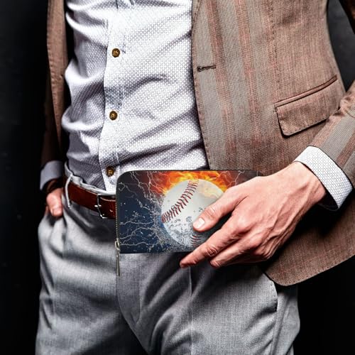 Wallet for Men PU Leather Credit Card Wallet, Cool Cash Clutch Long Purse Billfold with Zipper Coin Pocket Gift for Him Husband and Boyfriend Water Fire Baseball 0183
