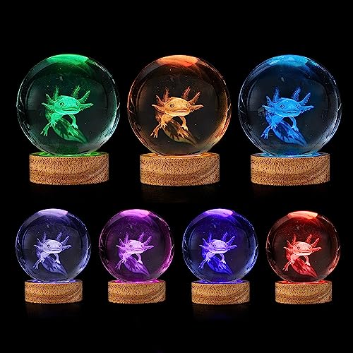Image of 3D Axolotl Crystal Ball Night Light with Woodern Base,16 Colors with Remote Control Cool Desk Decor Gifts for Kids Friends (Axolotl-b)