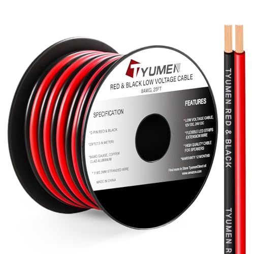 TYUMEN 8 Gauge Wire 25FT 8AWG Red Black Electrical Wire LED Strips Extension Cord 12V/24V DC Cable 8 AWG 2 Conductors Flexible Low Voltage Wire for in-Home Autos Speaker use
